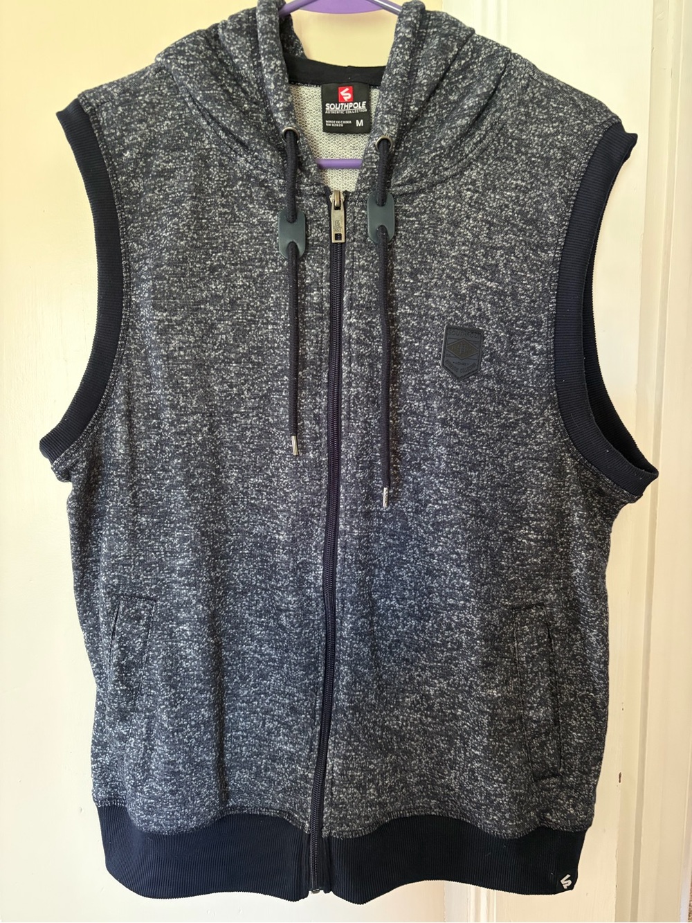 South Pole Men’s Navy Speckled Zip-Up Hooded Sleeveless Vest